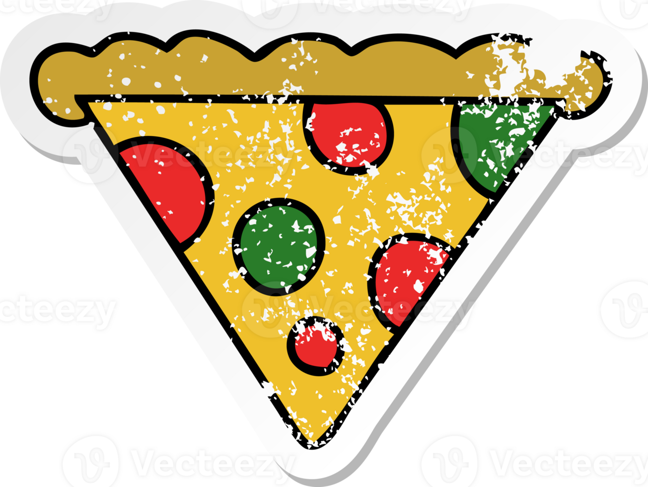 distressed sticker of a quirky hand drawn cartoon slice of pizza png