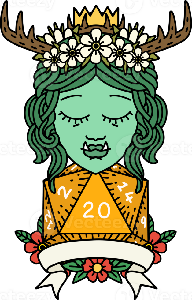 Retro Tattoo Style orc druid character with natural twenty dice roll png