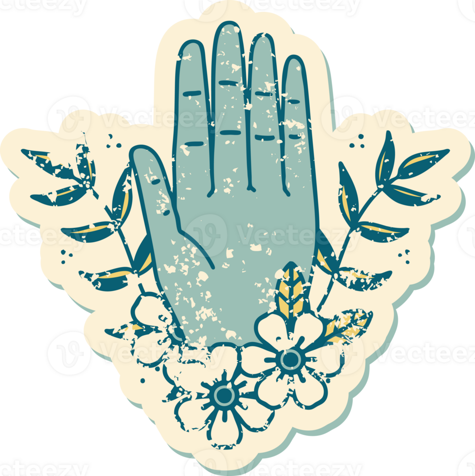 iconic distressed sticker tattoo style image of a hand and flower png