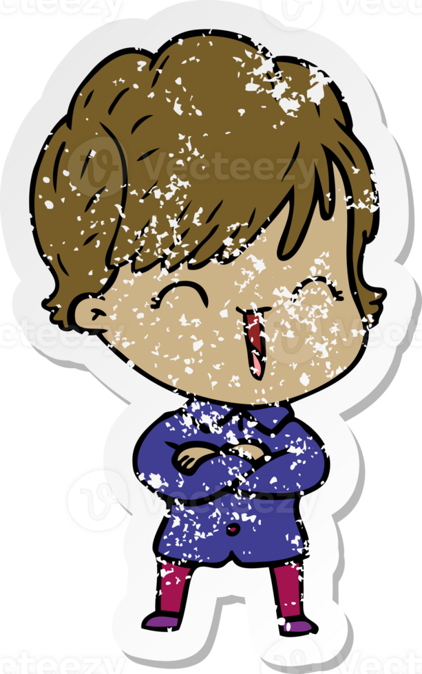 distressed sticker of a cartoon laughing woman png