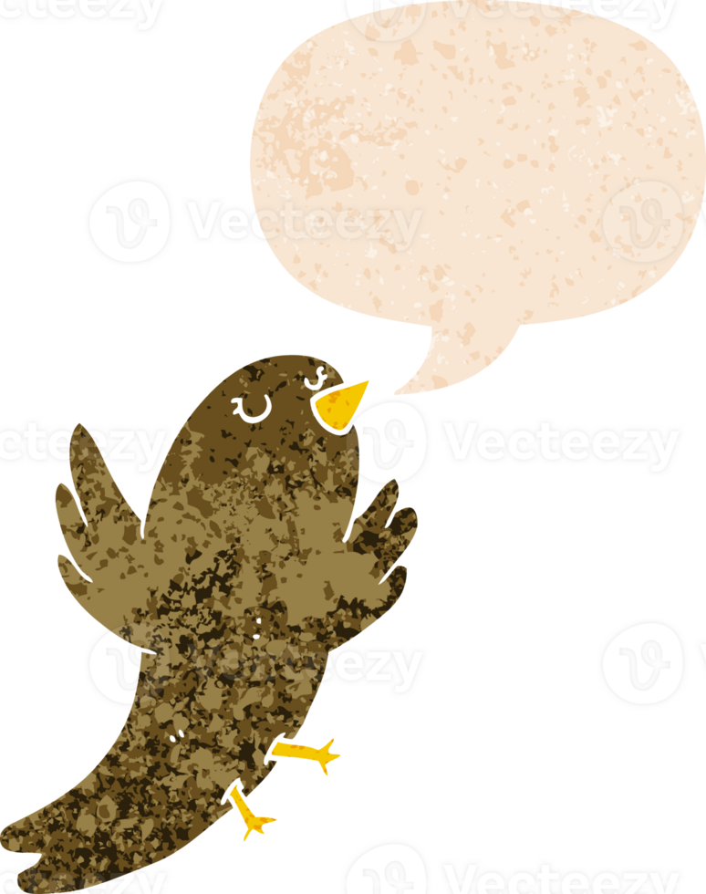 cartoon bird with speech bubble in grunge distressed retro textured style png