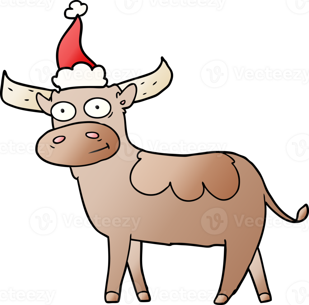 hand drawn gradient cartoon of a bull wearing santa hat png