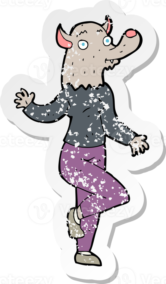 retro distressed sticker of a cartoon dancing werewolf woman png