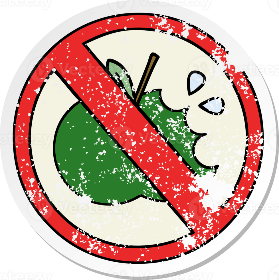 distressed sticker of a cute cartoon no healthy food allowed sign png