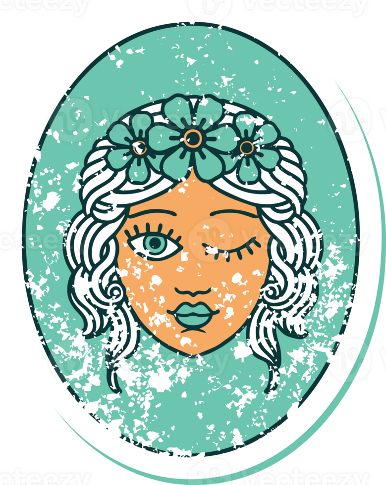 iconic distressed sticker tattoo style image of a maiden with crown of flowers winking png