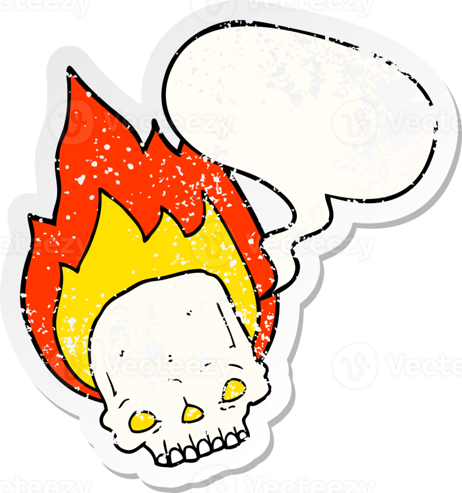 spooky cartoon flaming skull with speech bubble distressed distressed old sticker png