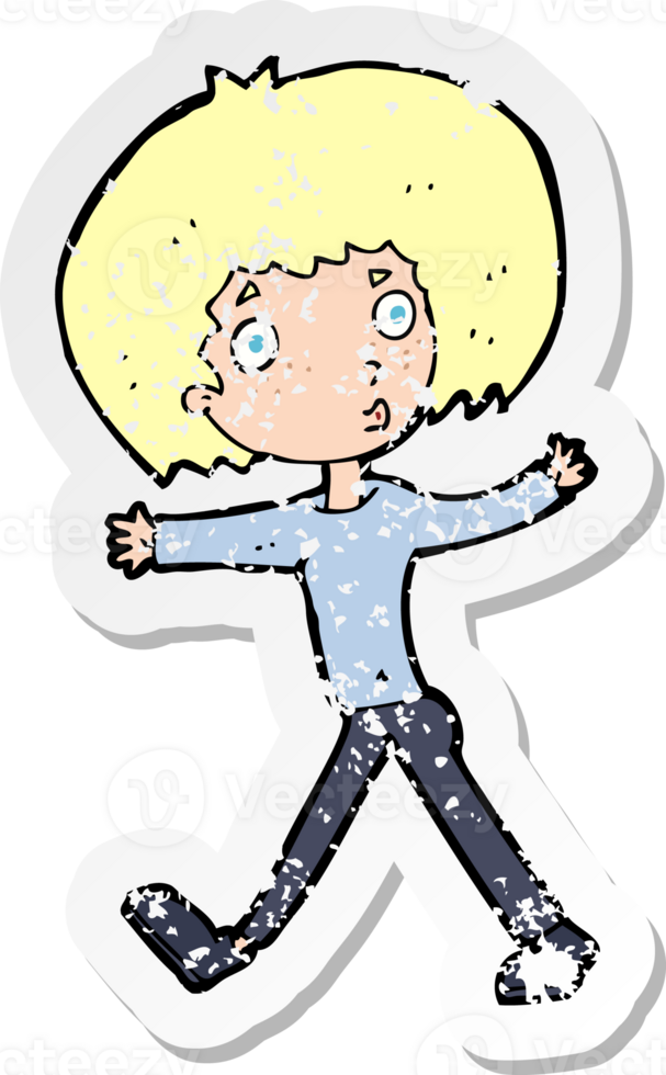 retro distressed sticker of a cartoon surprised man walking png