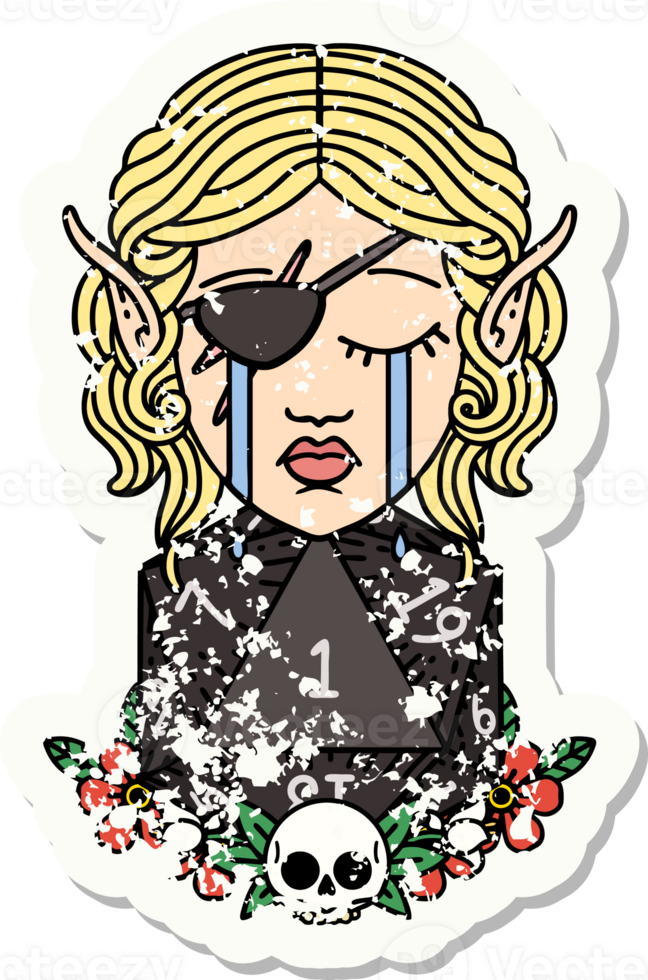 grunge sticker of a crying elf rogue character face with natural one D20 roll png