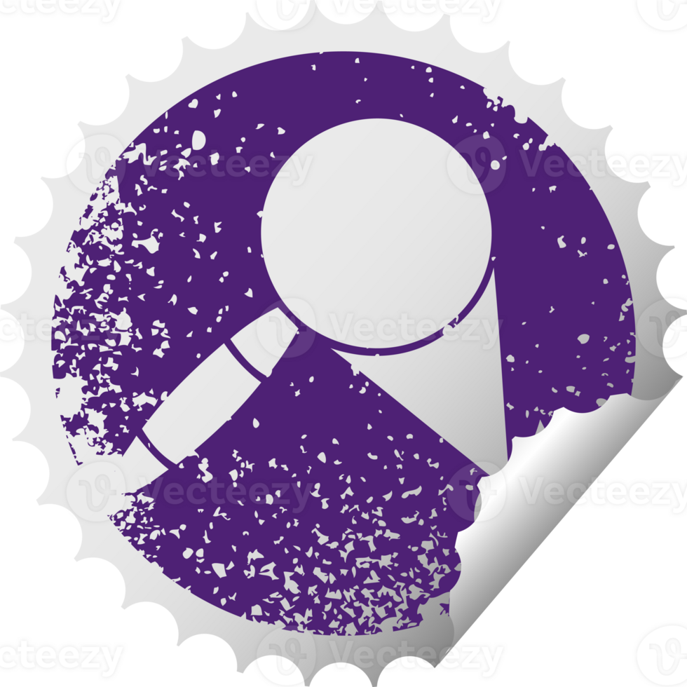 distressed circular peeling sticker symbol of a magnifying glass png