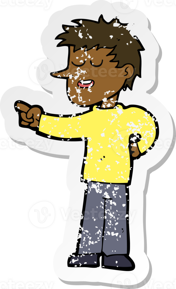 retro distressed sticker of a cartoon man pointing png