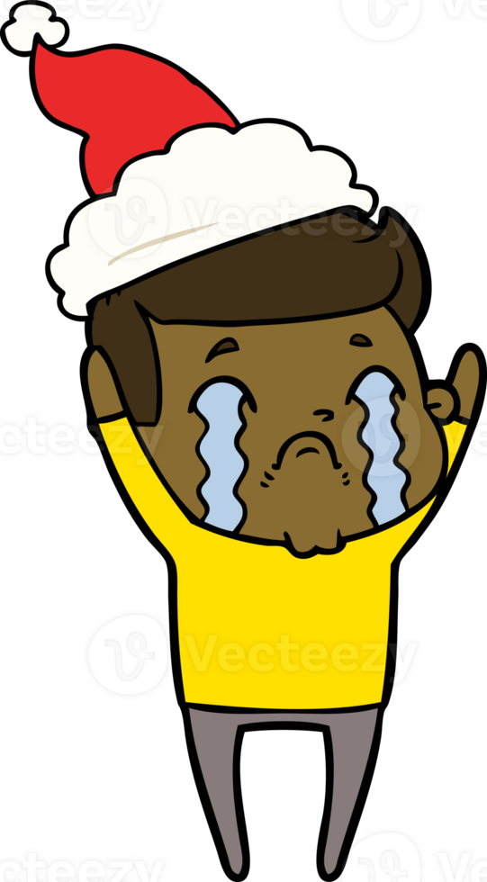 hand drawn line drawing of a man crying wearing santa hat png