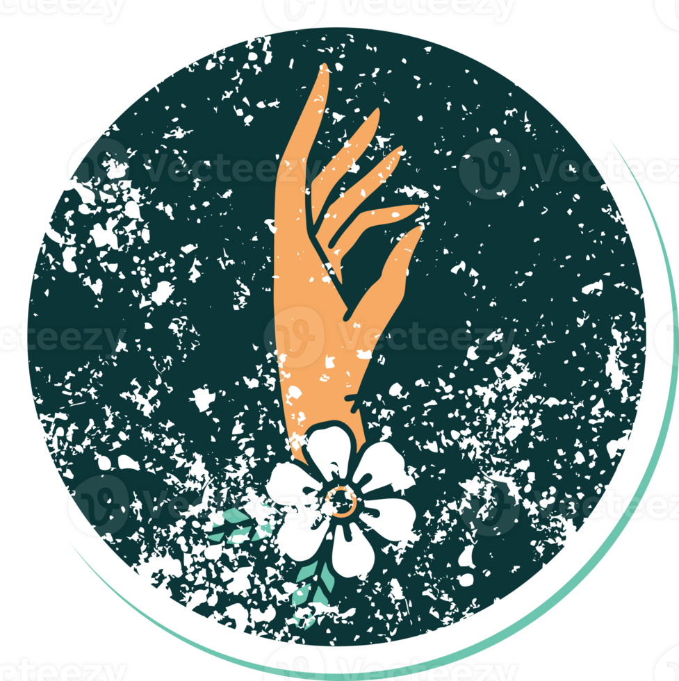 iconic distressed sticker tattoo style image of a hand and flower png