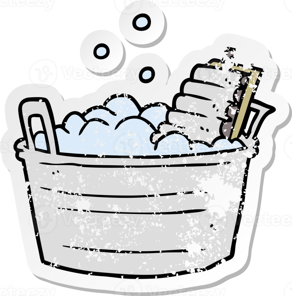 distressed sticker of a cartoon old washboard and bucket png