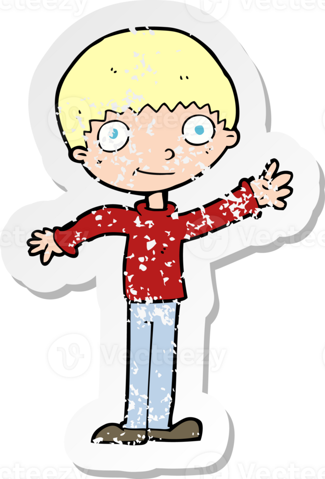 retro distressed sticker of a cartoon happy waving boy png