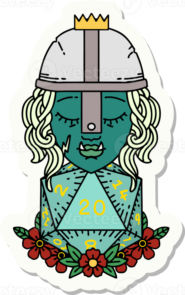 sticker of a orc fighter character with natural twenty dice roll png