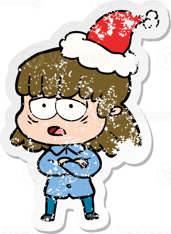 hand drawn distressed sticker cartoon of a tired woman wearing santa hat png