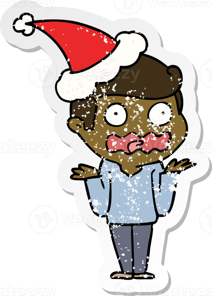 hand drawn distressed sticker cartoon of a man totally stressed out wearing santa hat png