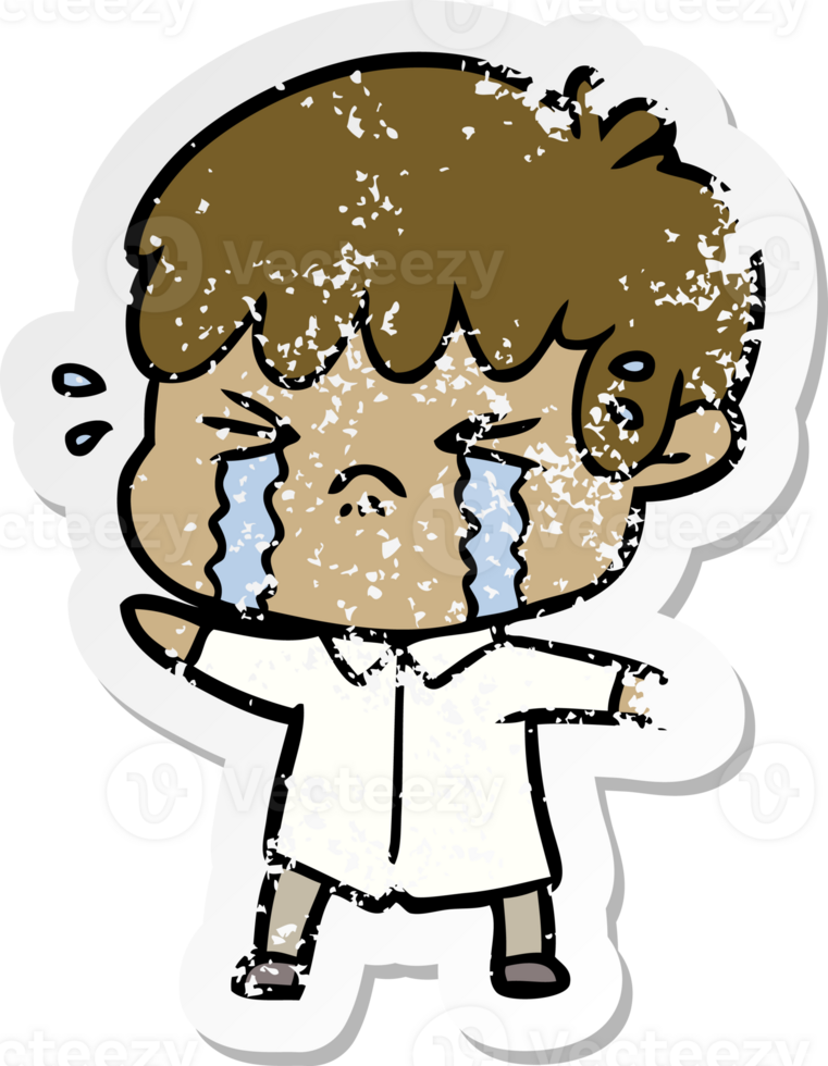 distressed sticker of a cartoon boy crying png