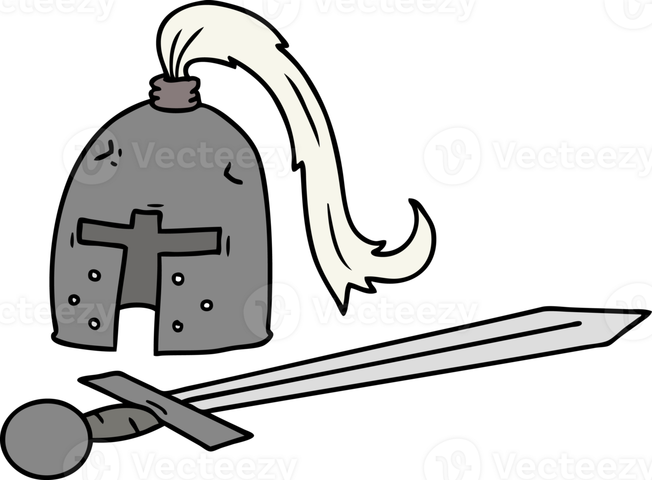 hand drawn cartoon doodle of a medieval helmet and sword png