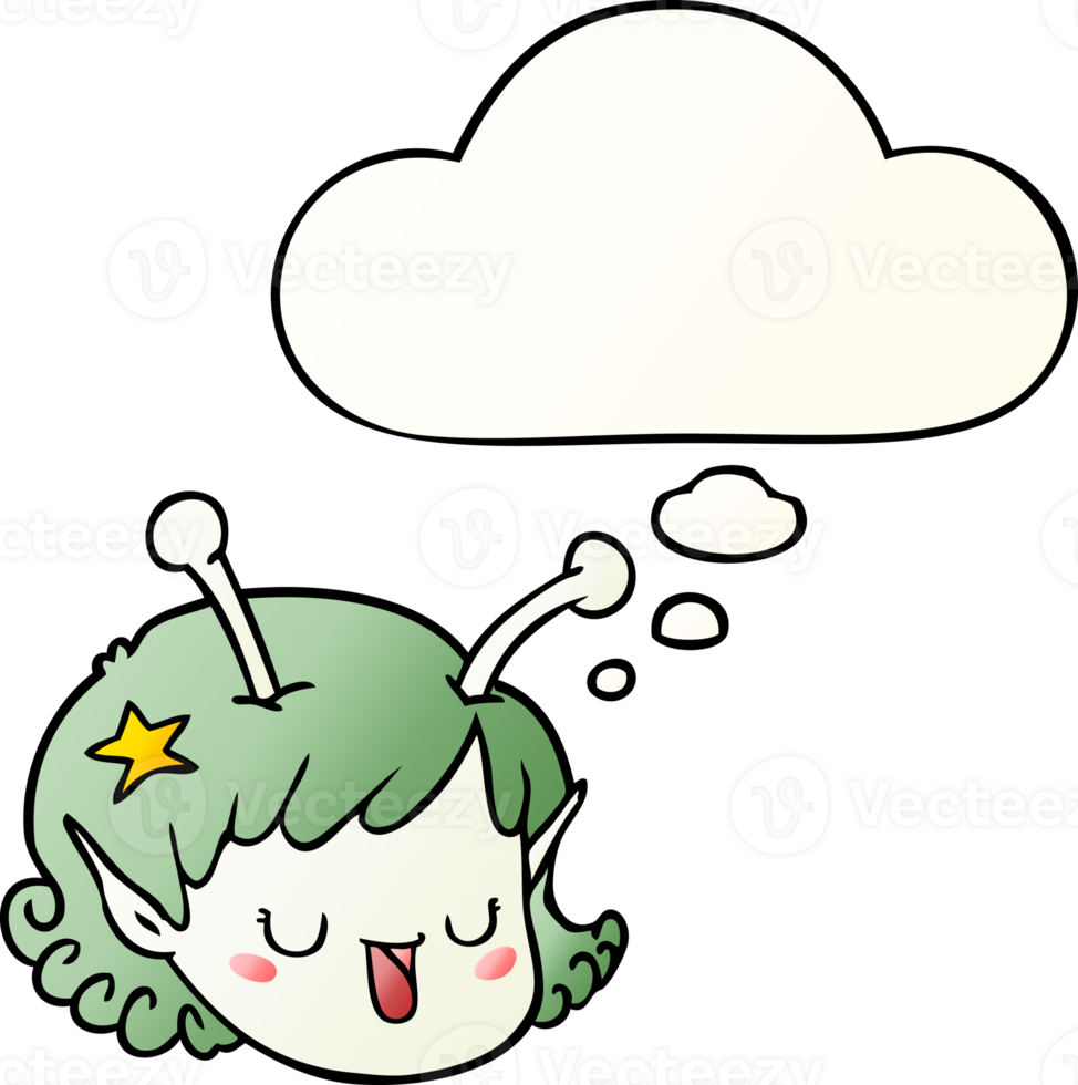 cartoon alien space girl face with thought bubble in smooth gradient style png