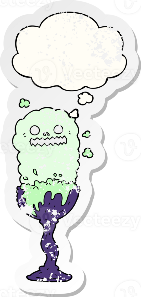 cartoon spooky halloween potion cup with thought bubble as a distressed worn sticker png