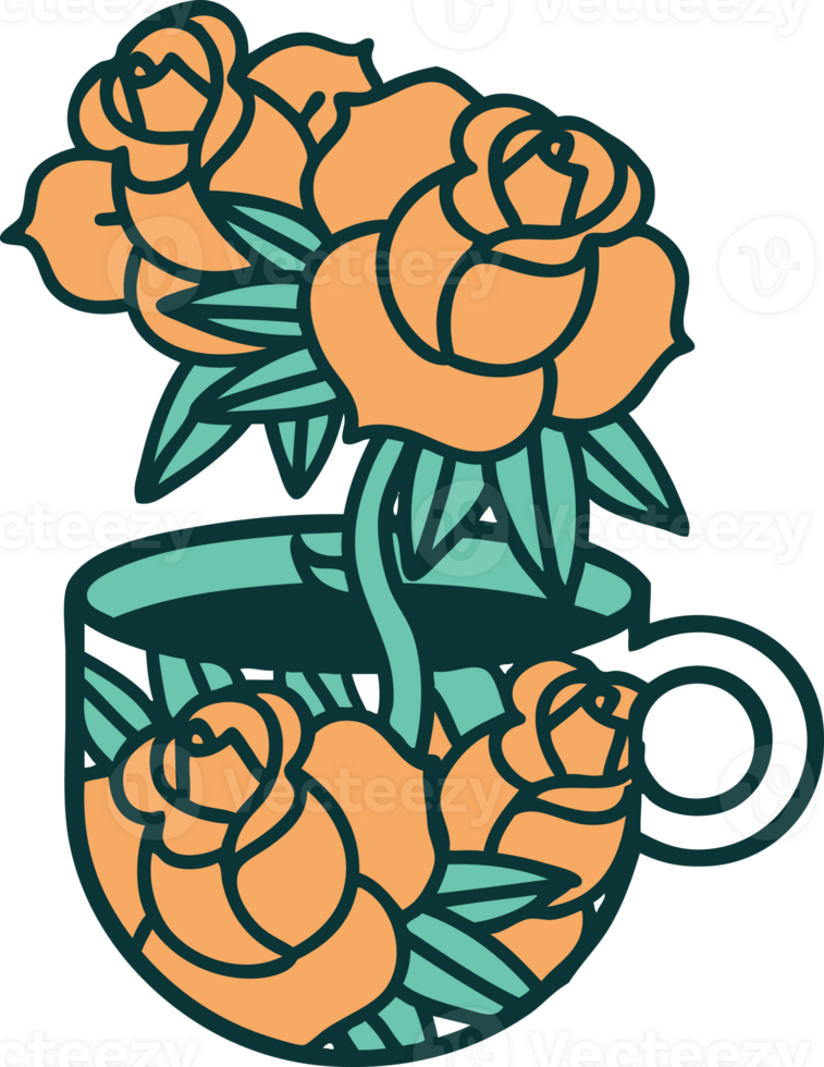iconic tattoo style image of a cup and flowers png