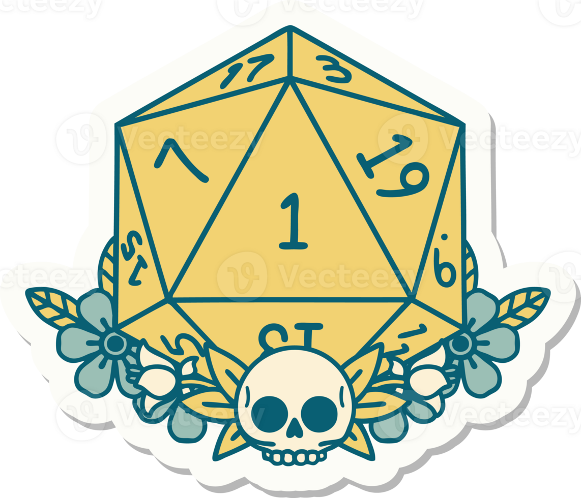 sticker of a natural one dice roll with floral elements png