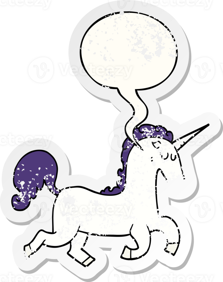 cartoon unicorn with speech bubble distressed distressed old sticker png