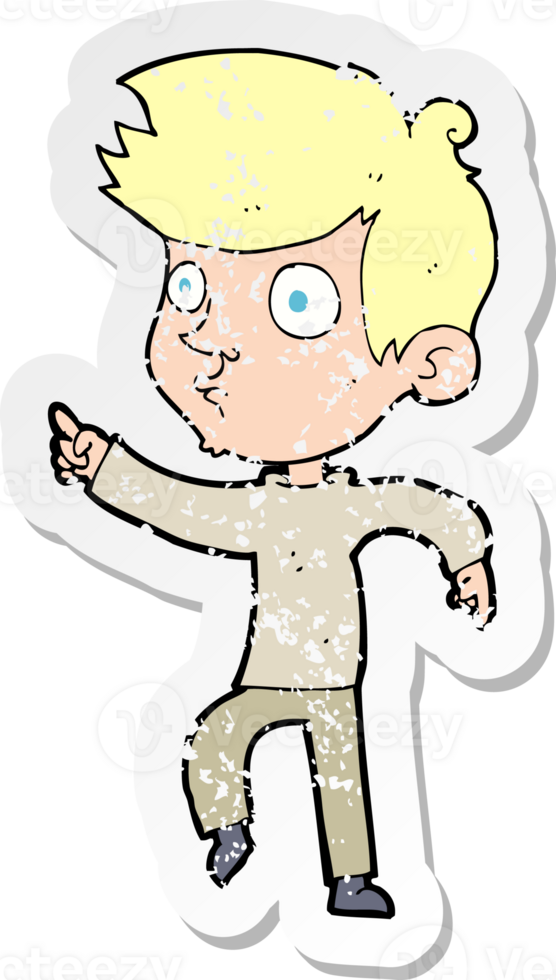 retro distressed sticker of a cartoon pointing boy png