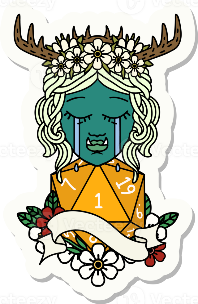 sticker of a crying orc barbarian character face with natural one D20 roll png
