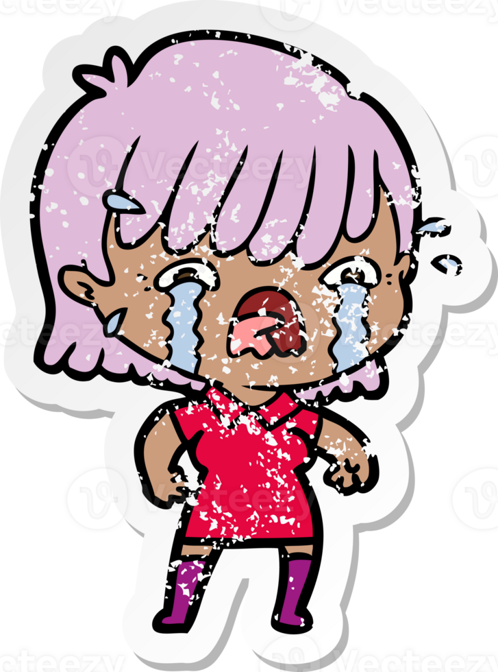 distressed sticker of a cartoon girl crying png