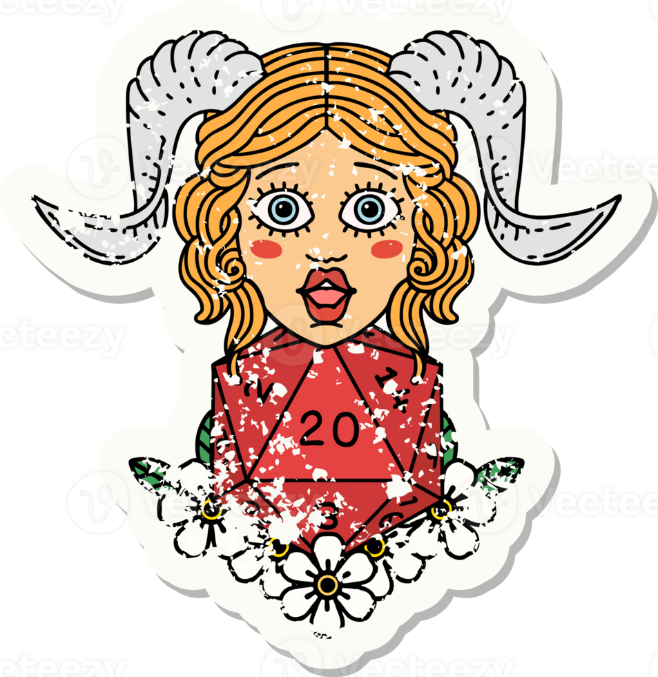 grunge sticker of a tiefling with natural twenty dice roll png