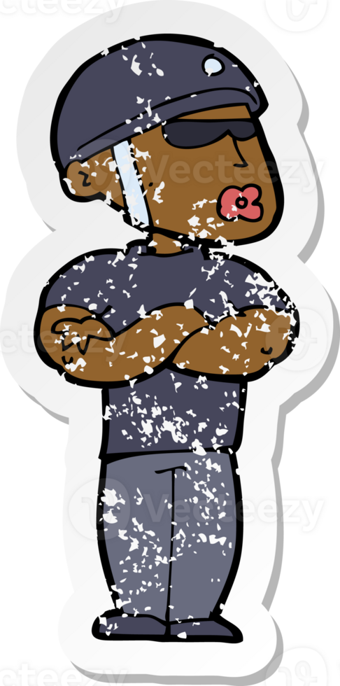 retro distressed sticker of a cartoon security guard png