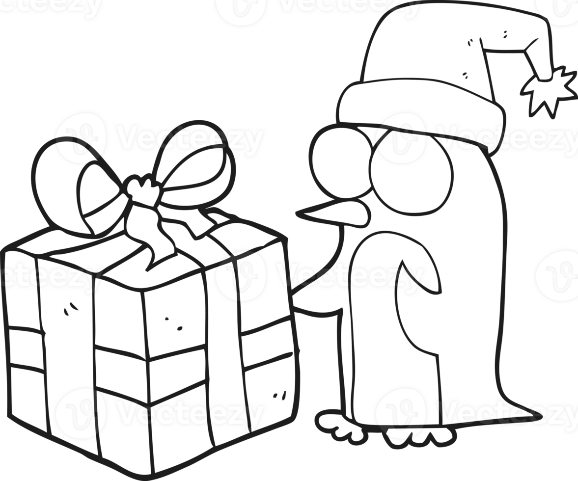 drawn black and white cartoon christmas penguin with present png