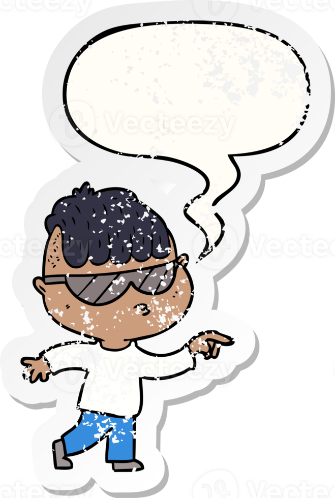 cartoon boy wearing sunglasses pointing with speech bubble distressed distressed old sticker png