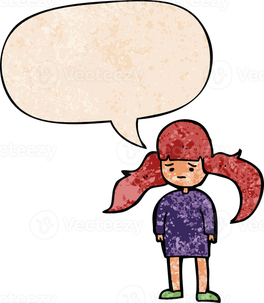 cartoon girl with long hair with speech bubble in retro texture style png
