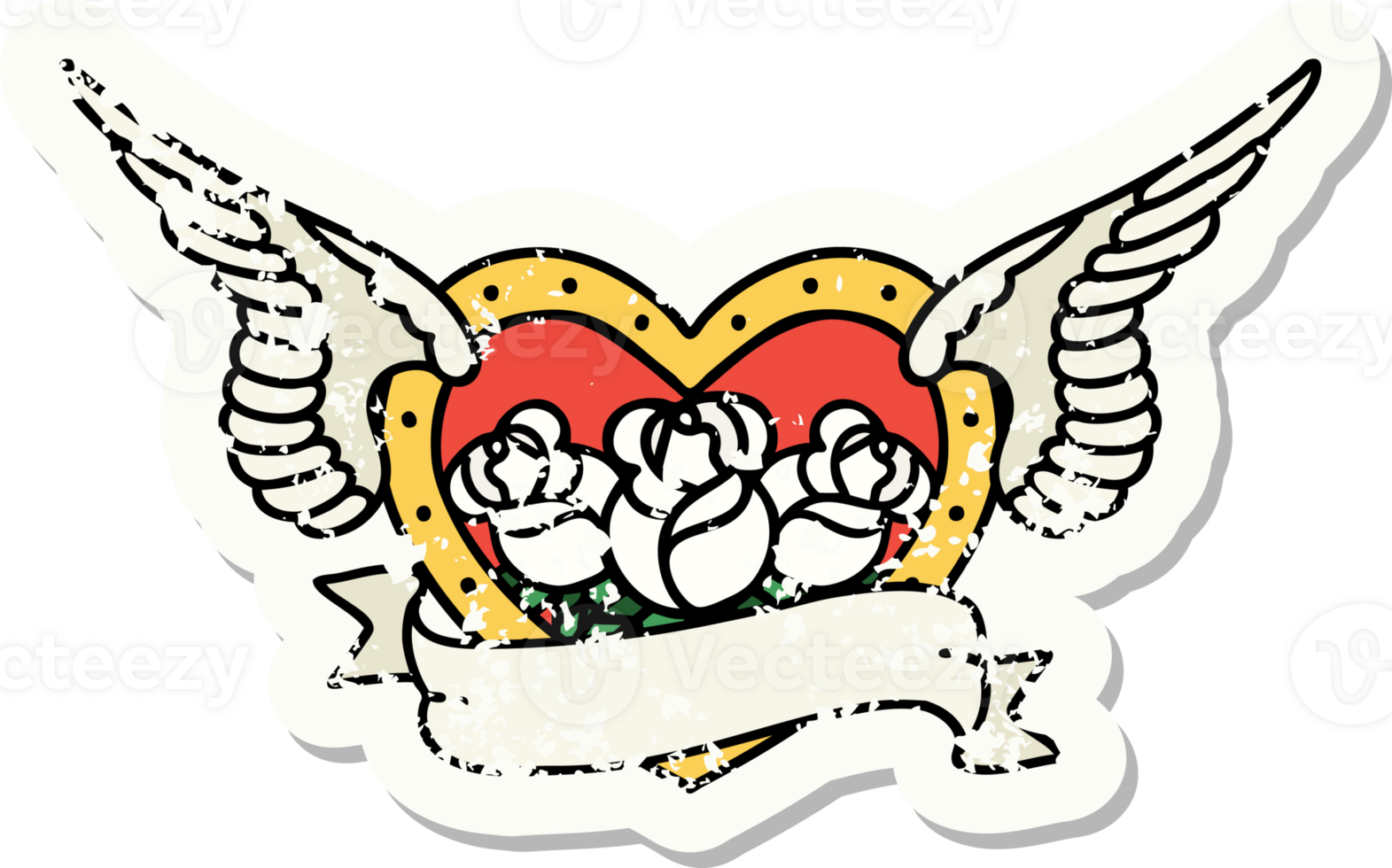 distressed sticker tattoo in traditional style of a flying heart with flowers and banner png