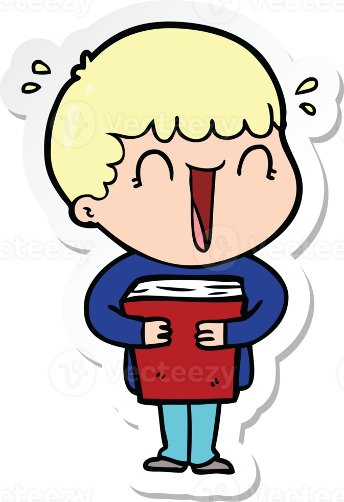 sticker of a laughing cartoon man holding book png