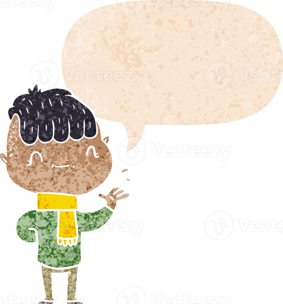 cartoon friendly boy with speech bubble in grunge distressed retro textured style png