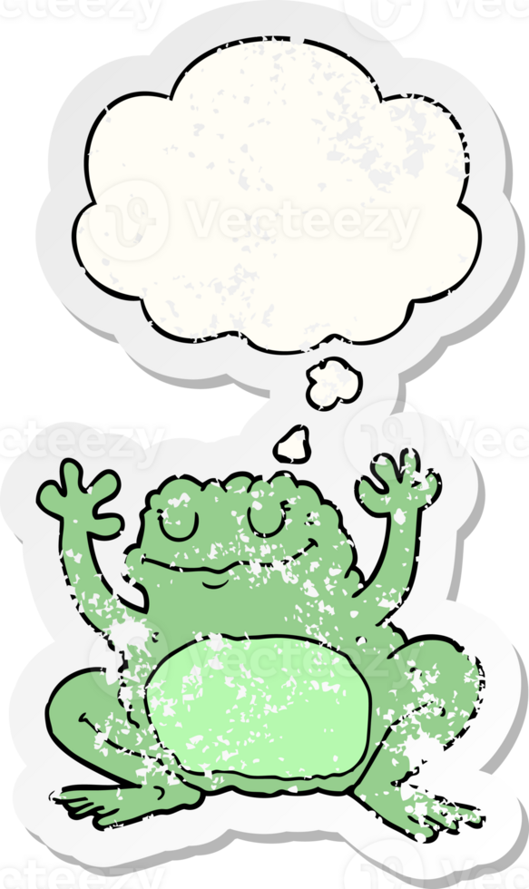 cartoon frog with thought bubble as a distressed worn sticker png