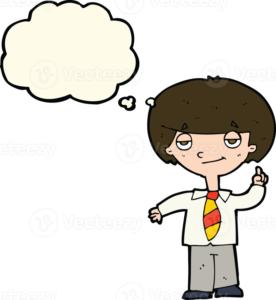 cartoon school boy answering question with thought bubble png