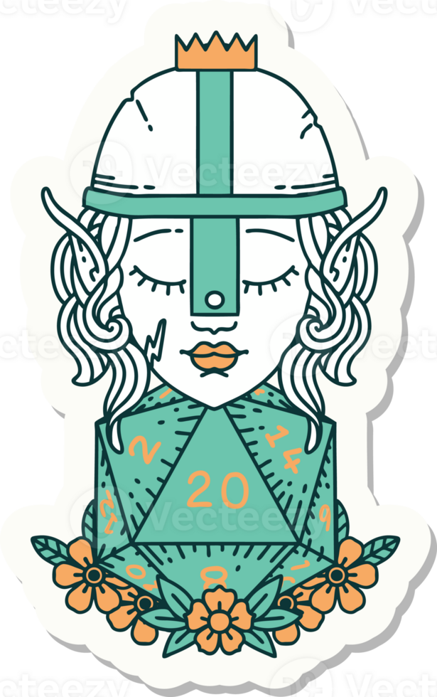 sticker of a elf fighter with natural twenty dice roll png