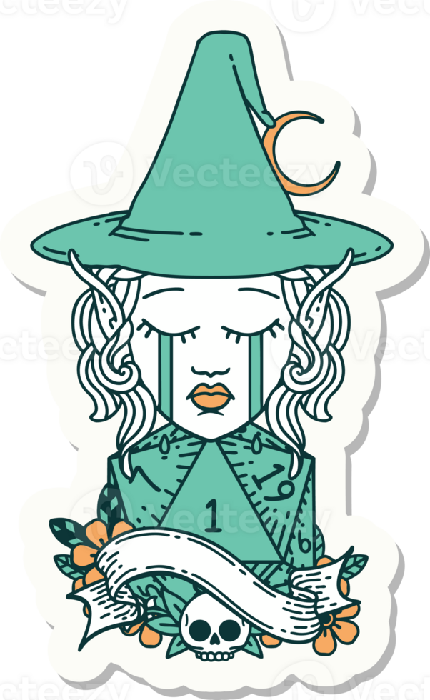 sticker of a crying elf mage character face with natural one D20 roll png
