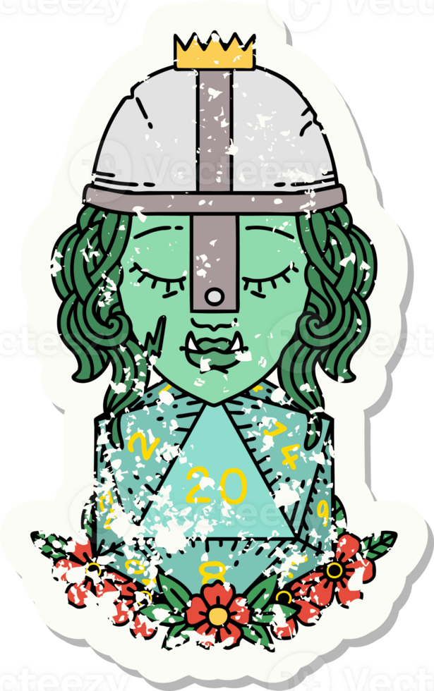 grunge sticker of a orc fighter character with natural twenty dice roll png