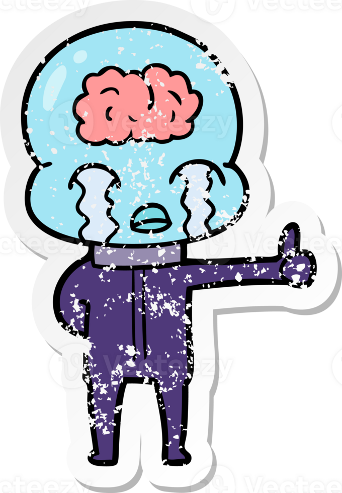 distressed sticker of a cartoon big brain alien crying but giving thumbs up symbol png