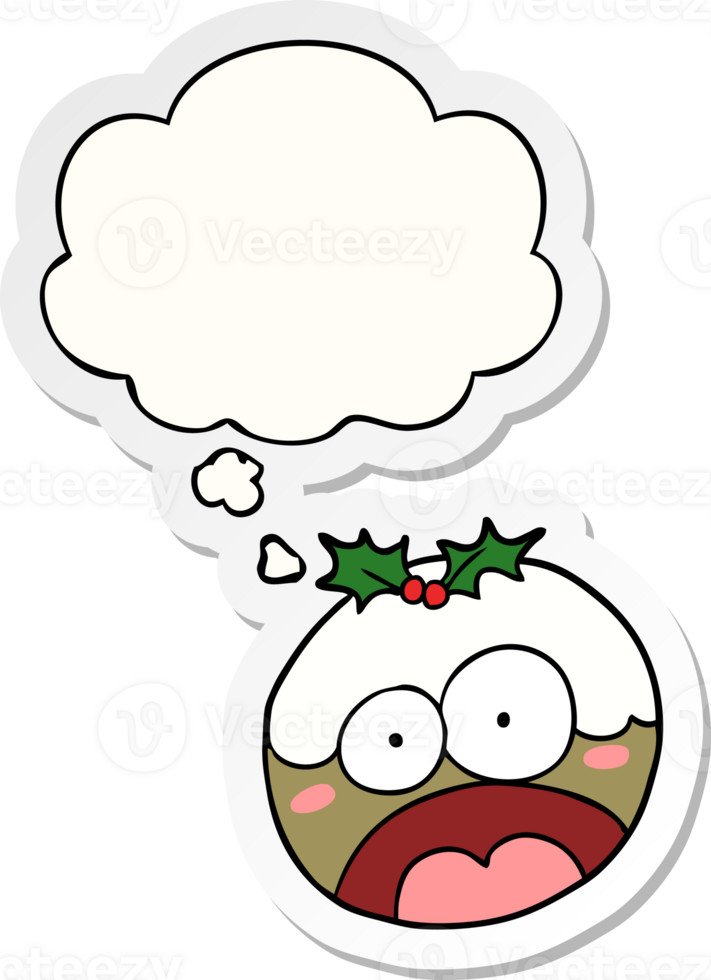 cartoon shocked chrstmas pudding with thought bubble as a printed sticker png