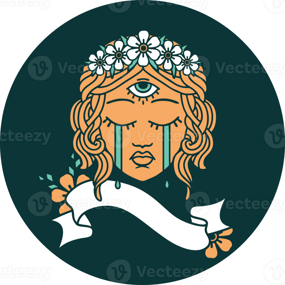 tattoo style icon with banner of female face with mystic third eye crying png