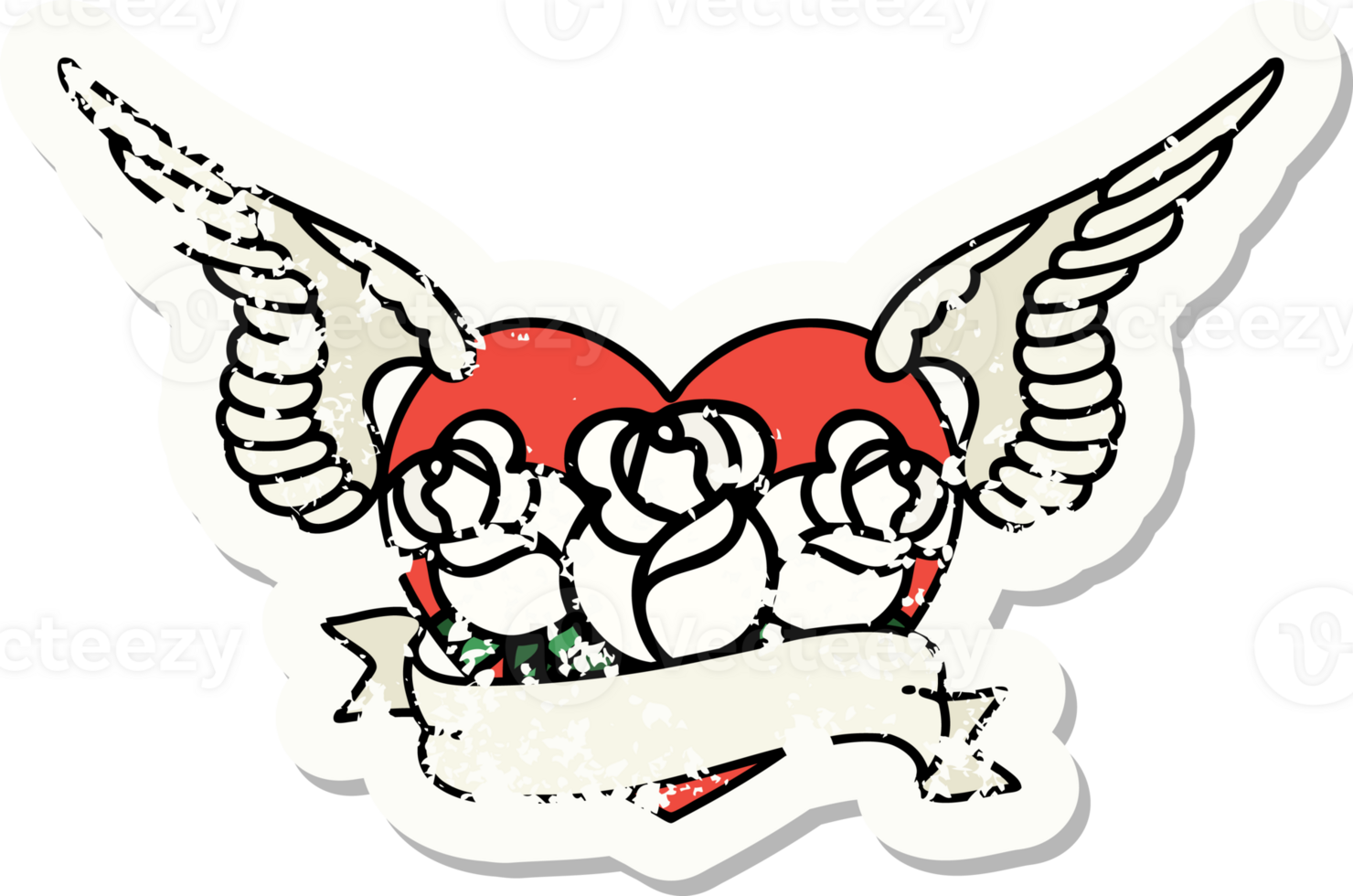 distressed sticker tattoo in traditional style of a flying heart with flowers and banner png
