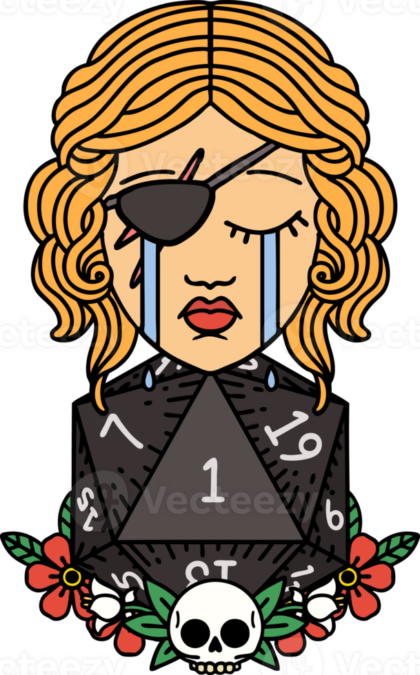 Retro Tattoo Style crying human rogue with natural one d20 roll png