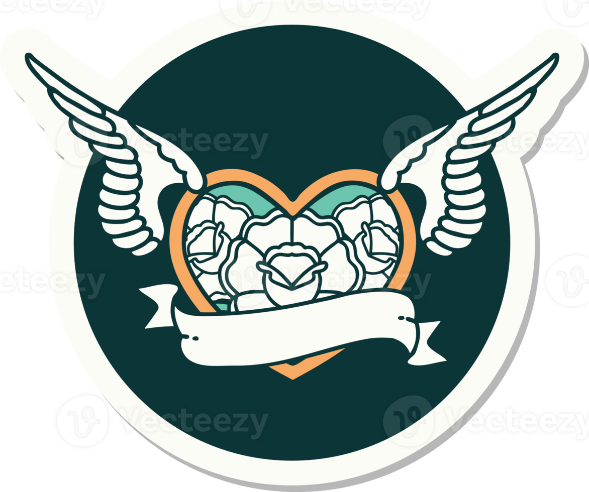 sticker of tattoo in traditional style of a flying heart with flowers and banner png